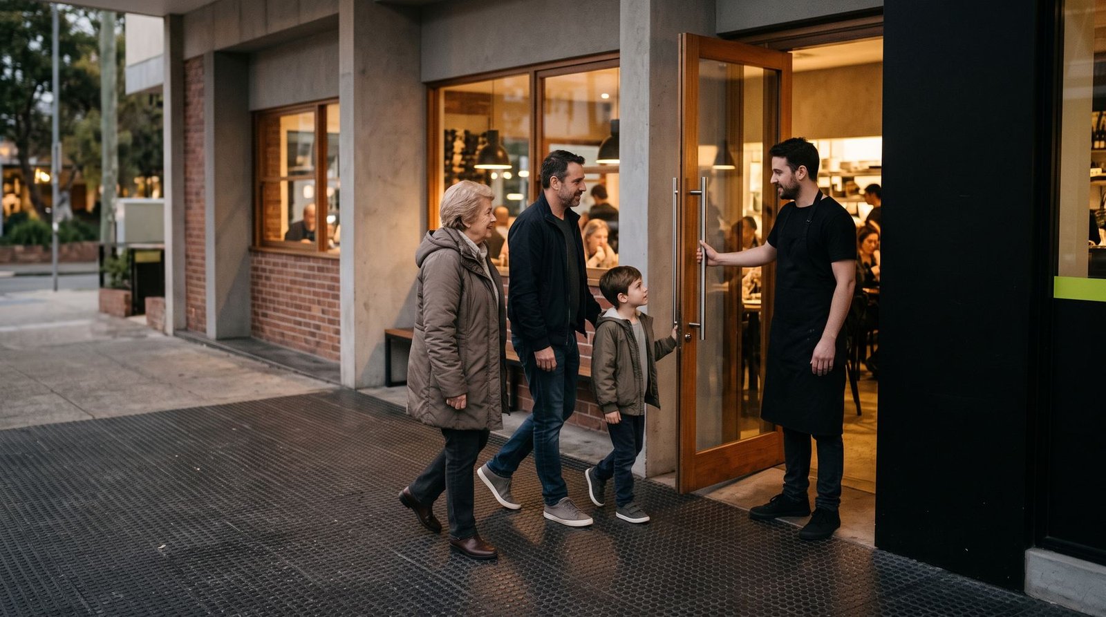 Al atardecer, tres generaciones de una familia llegan a la puerta de un pequeño restaurante de barrio. Un camarero con delantal negro los recibe con un gesto acogedor, a la altura de los ojos.