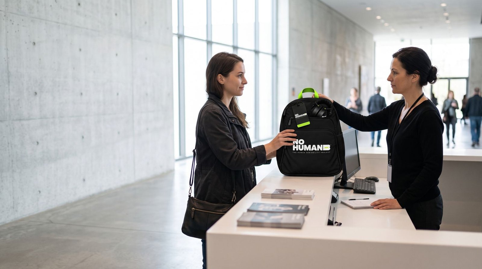 En el mostrador de información de un museo, una empleada ofrece la mochila NURA a una visitante, que la recibe con naturalidad.