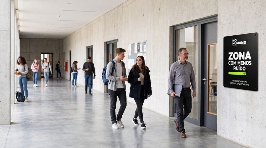 Pasillo universitario con una placa negra «Zona con menos ruido» junto a una puerta; los estudiantes pasan sin detenerse.
