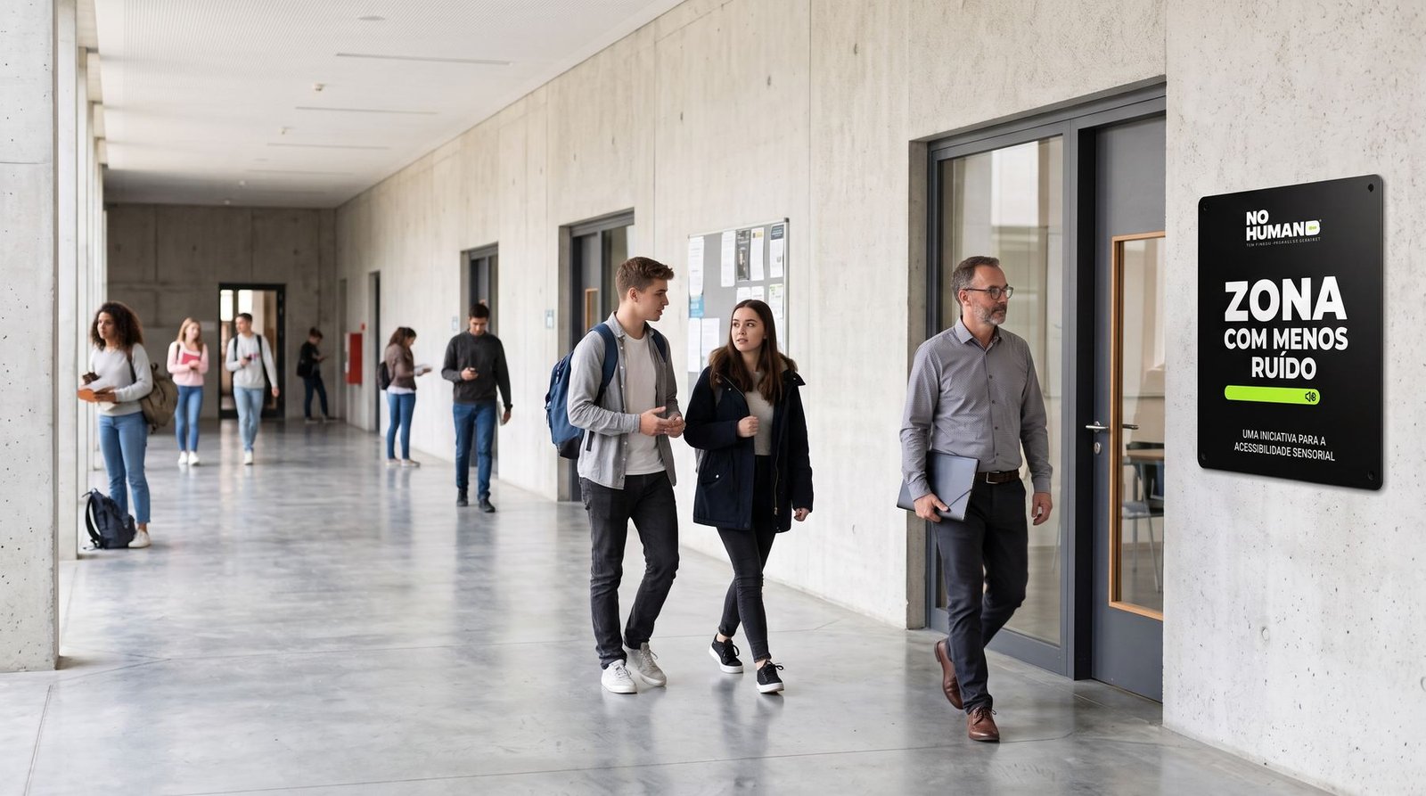 A university corridor with a black ‘Quieter zone’ sign by a door; students walk past without stopping.