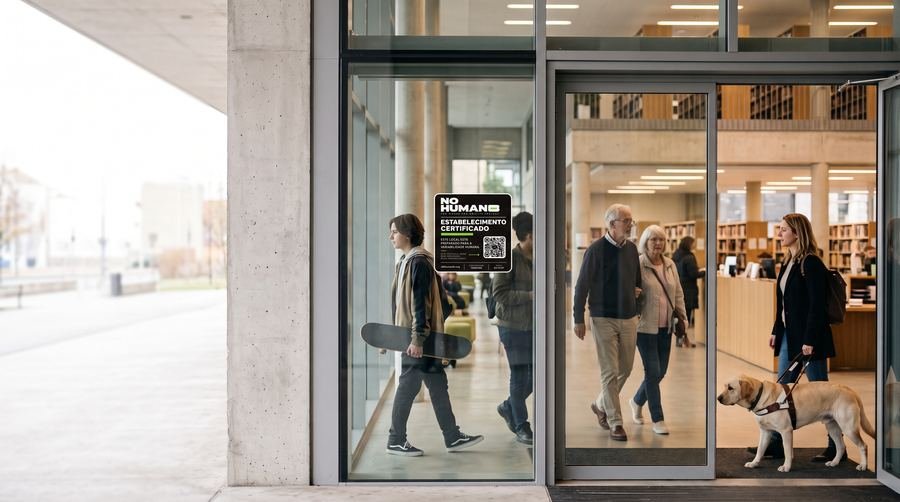 Entrada de cristal de una biblioteca pública con un pequeño adhesivo negro en la puerta; entran personas de varias edades, entre ellas una mujer con perro guía.