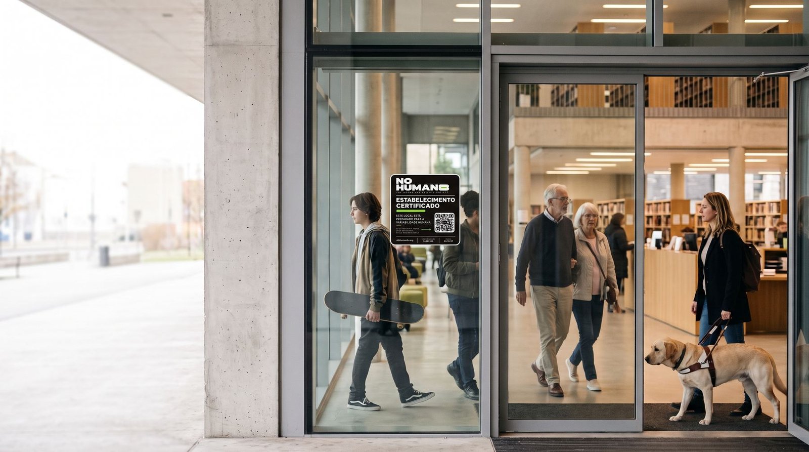 Entrada de cristal de una biblioteca pública con un pequeño adhesivo negro en la puerta; entran personas de varias edades, entre ellas una mujer con perro guía.