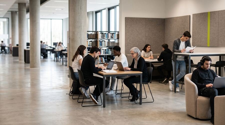 Biblioteca universitaria con mesas altas, sillones y un rincón más silencioso; cada estudiante trabaja a su manera.