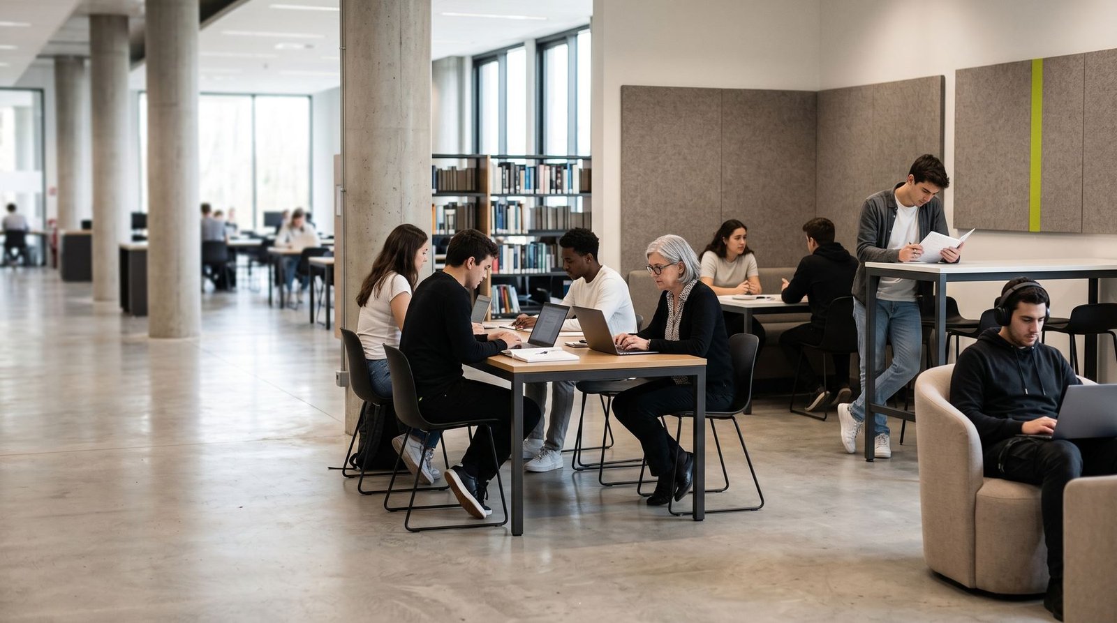 Universitätsbibliothek mit Stehtischen, Sesseln und einer ruhigeren Ecke; alle arbeiten auf ihre Weise.