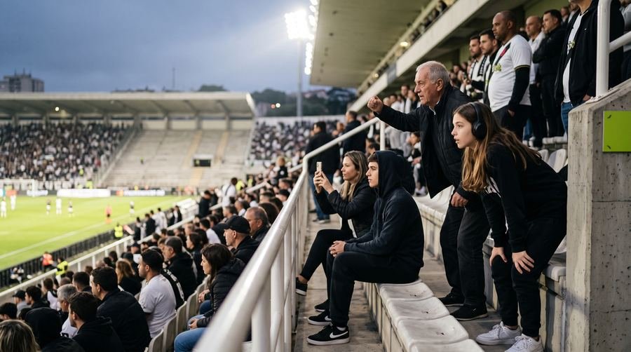 Grada de un estadio al anochecer: una niña con auriculares, su abuelo de pie celebrando, un joven sentado y tranquilo.