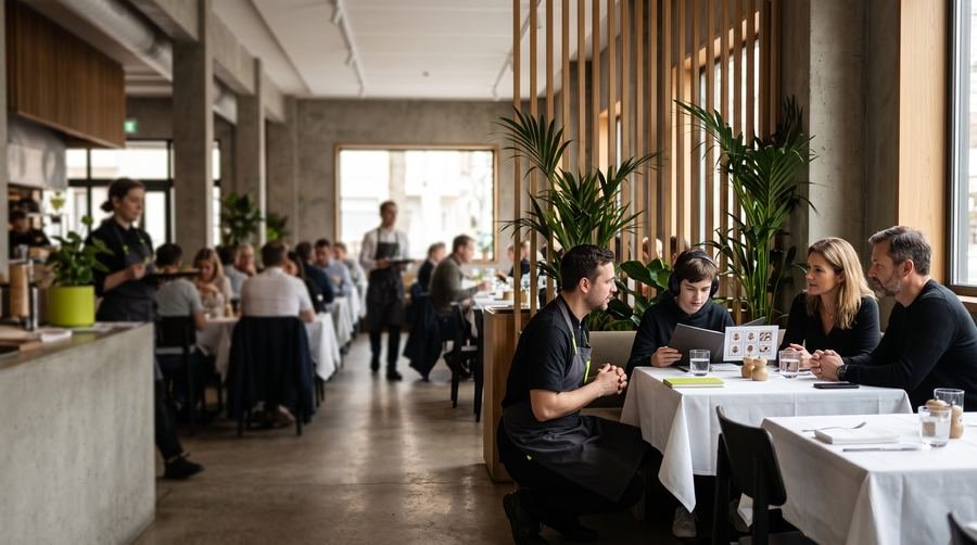 Rincón tranquilo de un restaurante, separado por plantas y una celosía de madera; un camarero habla con una familia a la altura de los ojos.