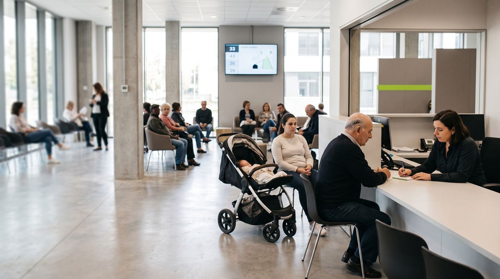 Helles Bürgerbüro; ein Mitarbeiter schreibt etwas auf, um es einem älteren Herrn mit Hörgerät zu zeigen.