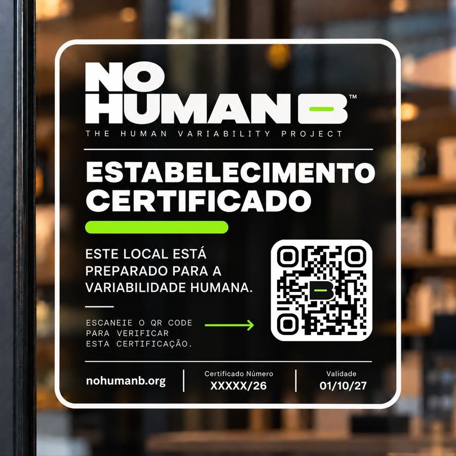 Sello «Establecimiento certificado» NO HUMAN B con código QR para verificar la certificación (versión en portugués).
