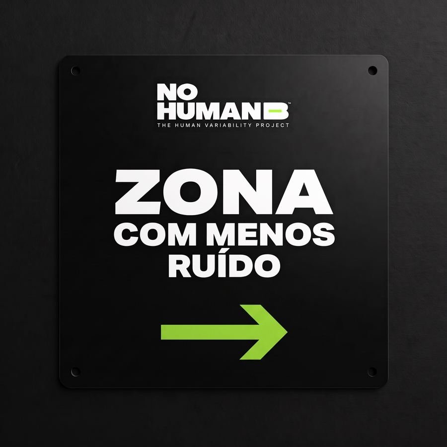 Black direction sign: Quieter zone, with a lime-green arrow (Portuguese version).